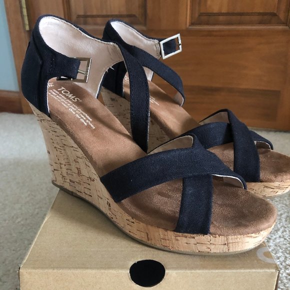 Toms Shoes - Tom's Strappy Black Canvas Cork